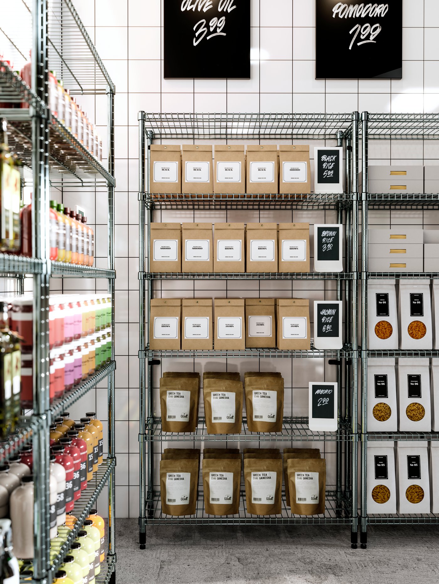High OMAR open shelving units, stocked with food packages and bottles of juice. Blackboards with handwritten prices.