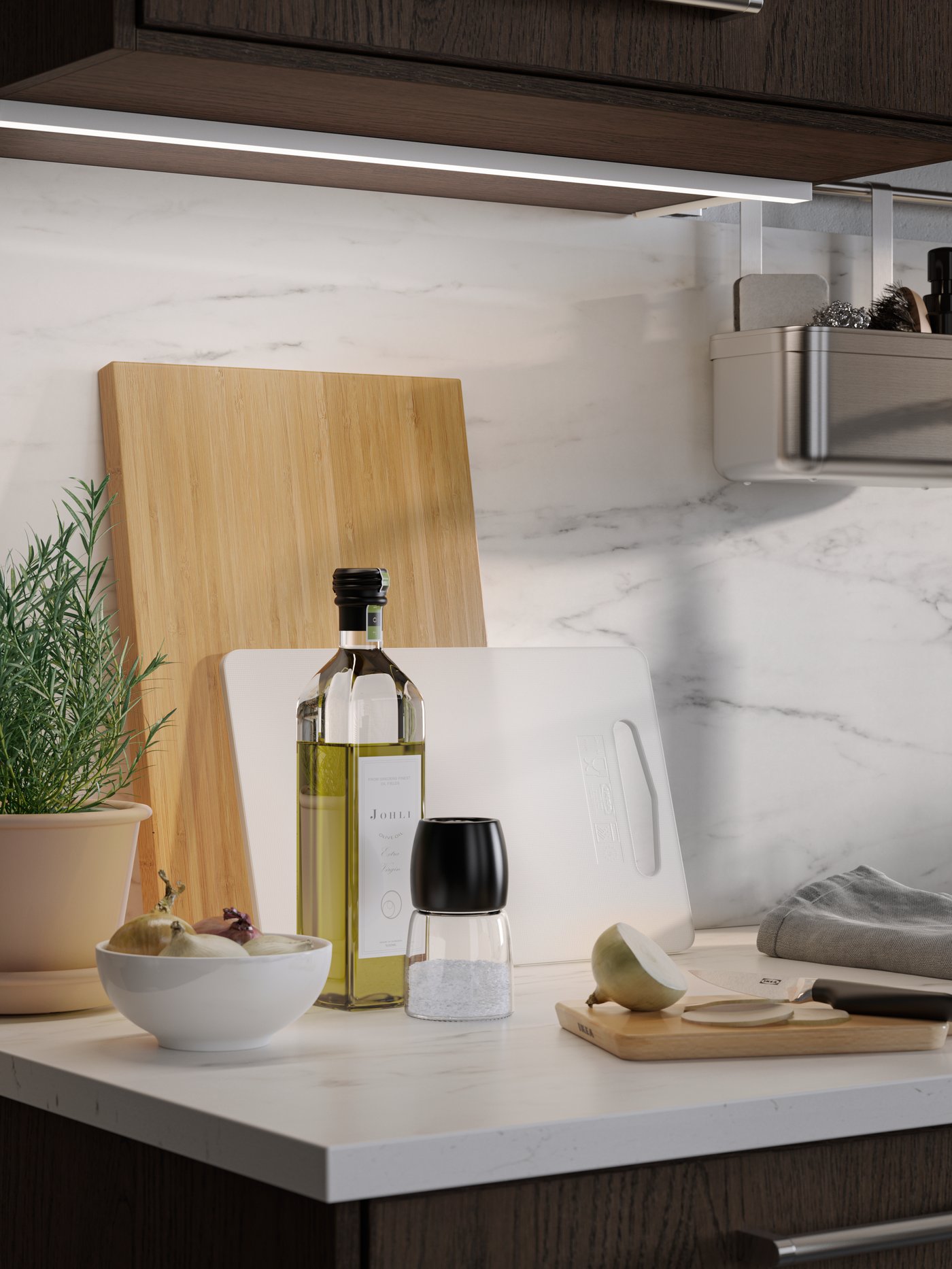 A kitchen with MITTLED kitchen lighting.