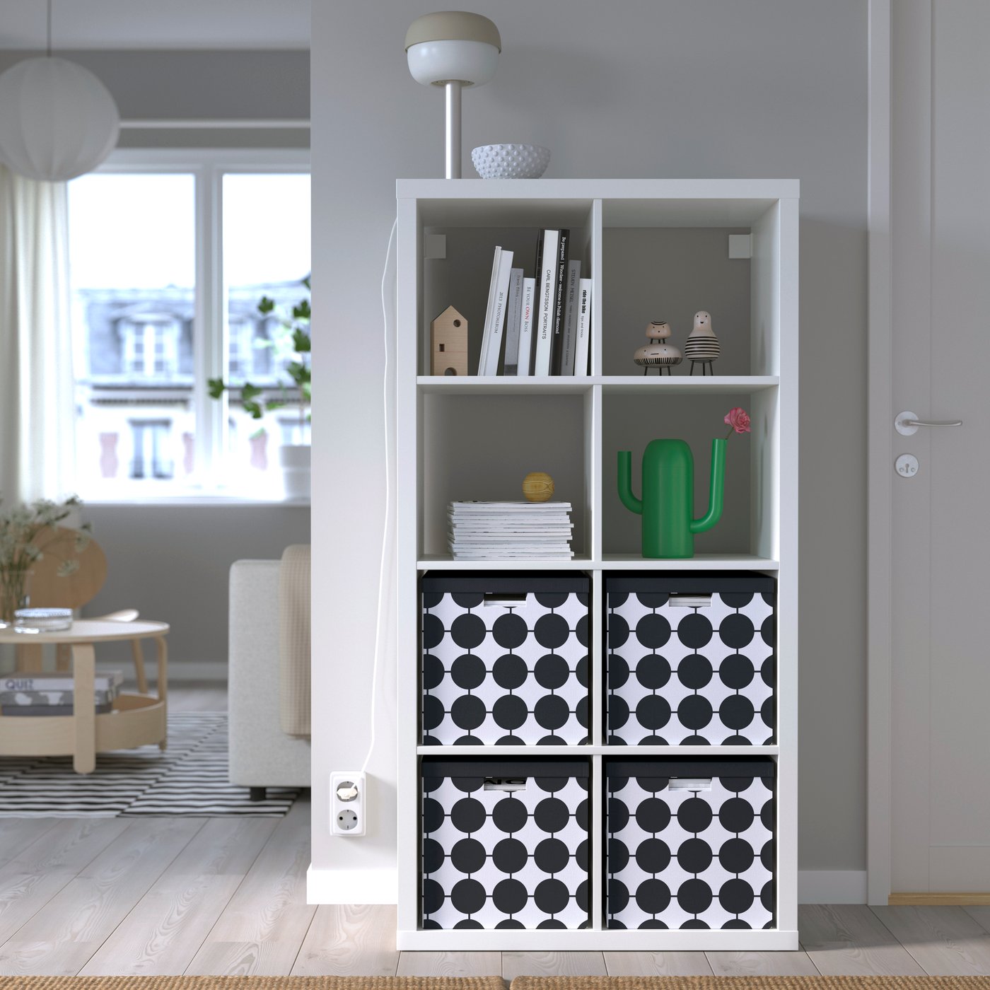 A white KALLAX shelving unit