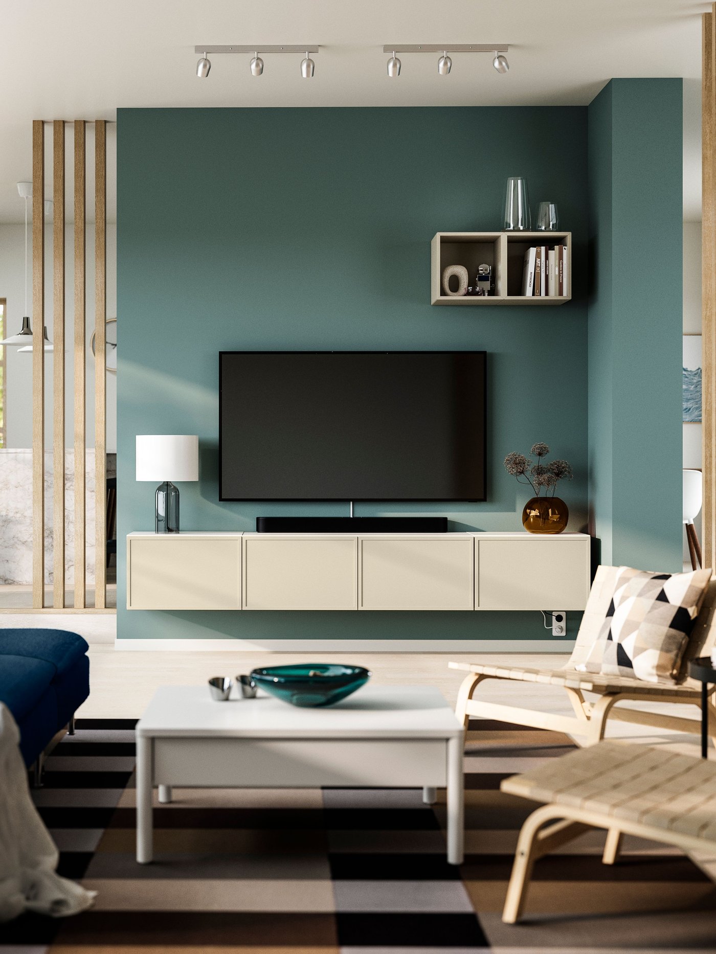 A white/Krukmakare beige BESTÅ TV bench with doors in the living room