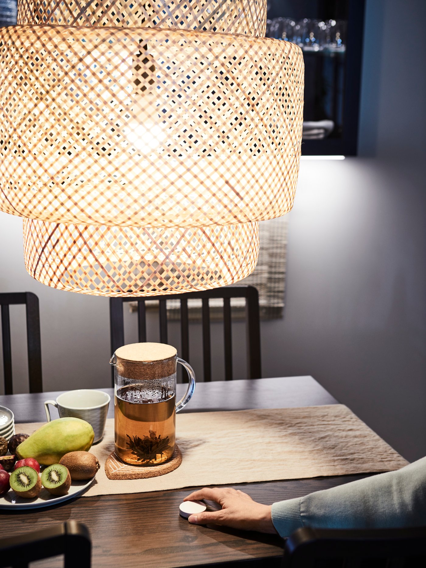 A clear glass/cork IKEA 365+ jug with lid in the dining room