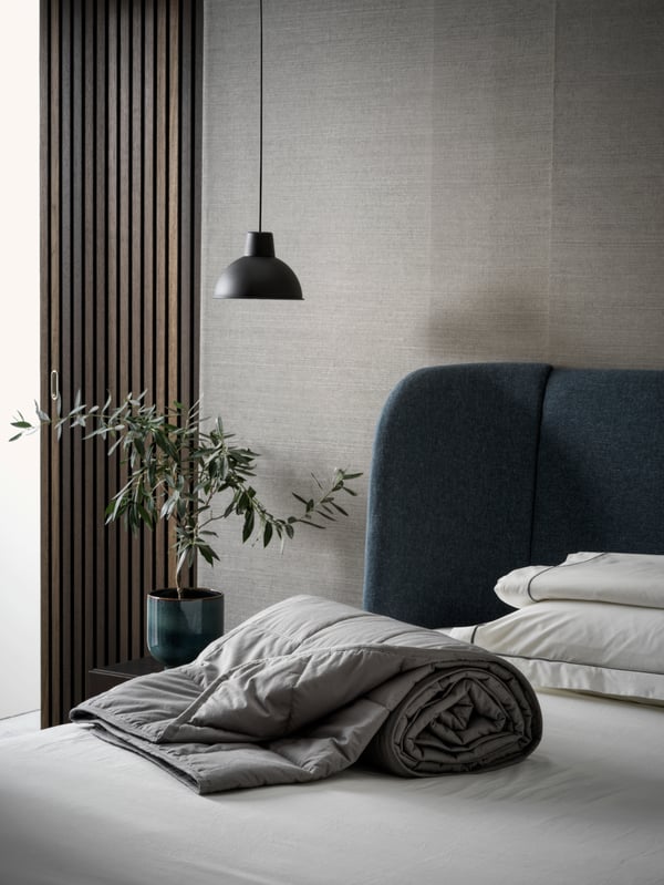 A dark grey ODONVIDE weighted blanket, light warm in the bedroom