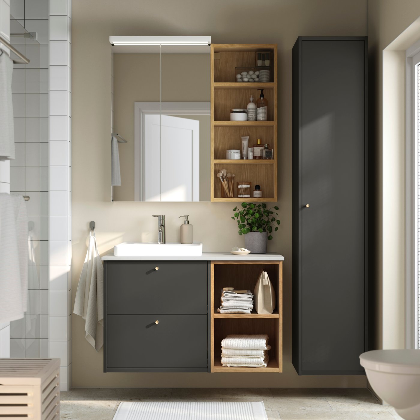A dark grey/oak effect/white marble effect HAVBÄCK wash-stand/wash-basin/tap