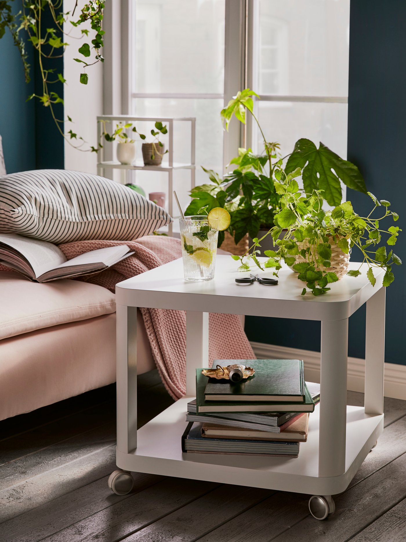 Des plantes sont posées sur une table basse blanche à roulettes avec plusieurs livres au niveau inférieur, à côté d’un canapé et devant une fenêtre.