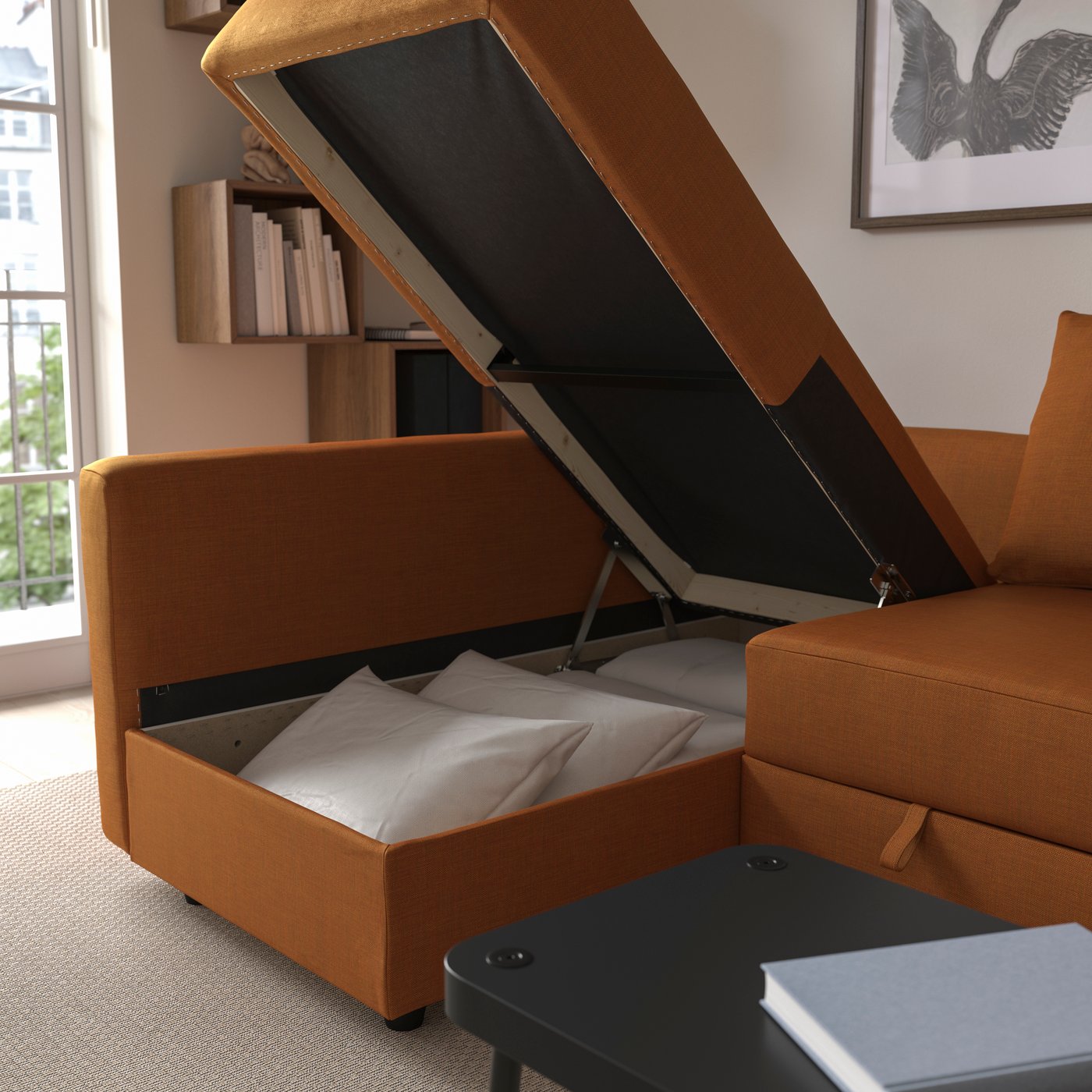 A Faringe brown-orange FRIHETEN backrest for corner sofa-bed