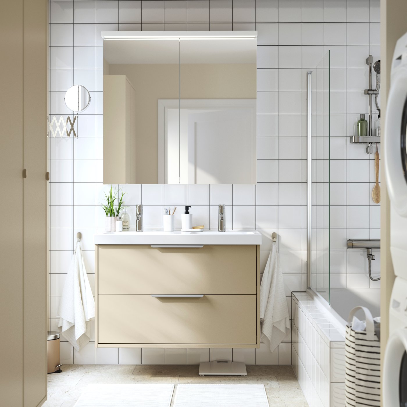 A beige HAVBÄCK wash-stnd w drawers/wash-basin/taps