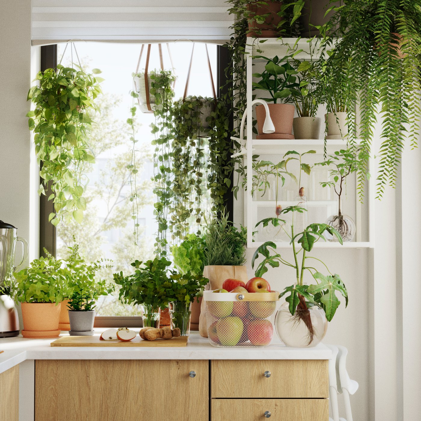 A white RISATORP basket filled with apples sits on a kitchen counter surrounded by greenery and kitchen tools.