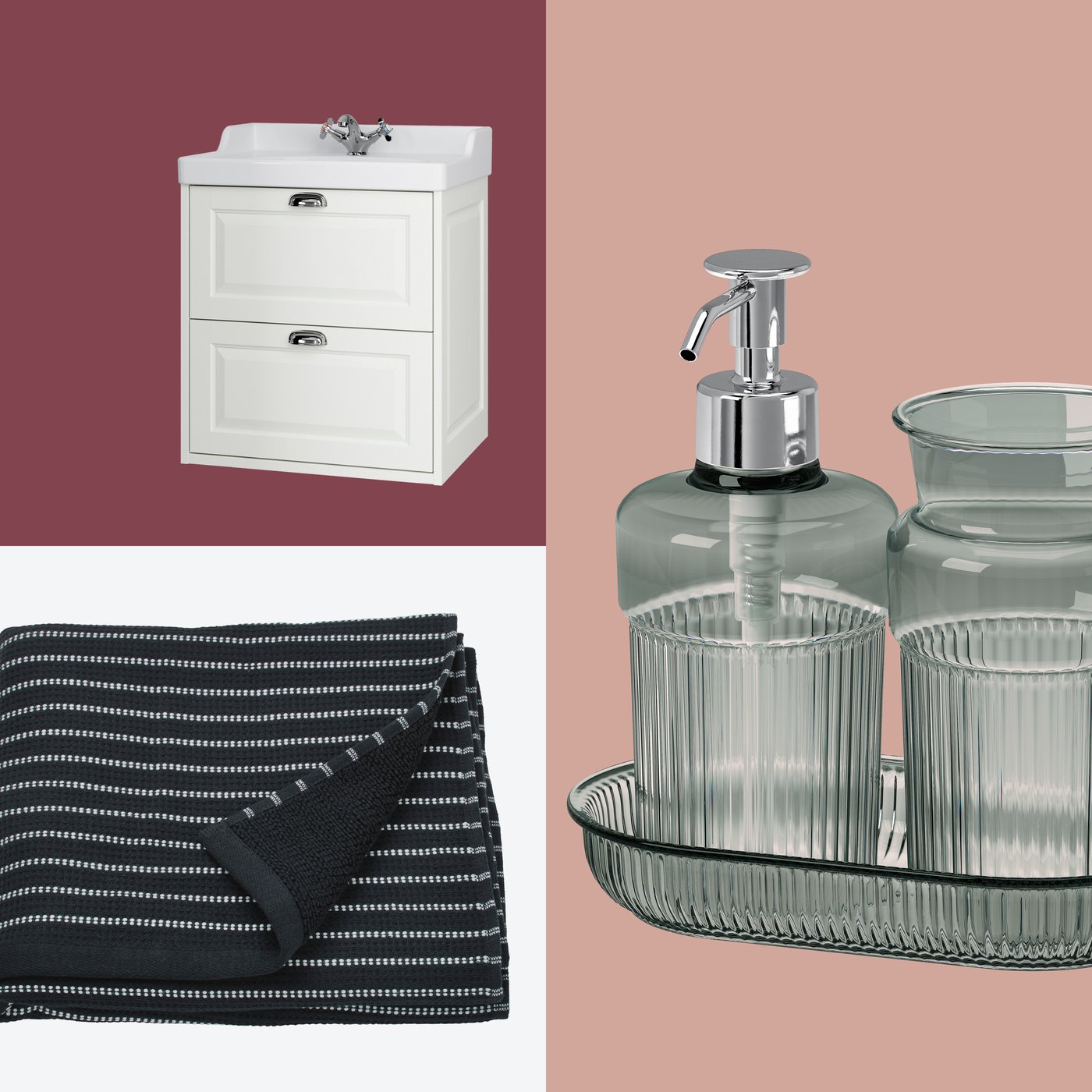 A still life featuring a white TÄNNFORSEN wash stand with doors and a wash basin, a storage box with towels and glass jars.