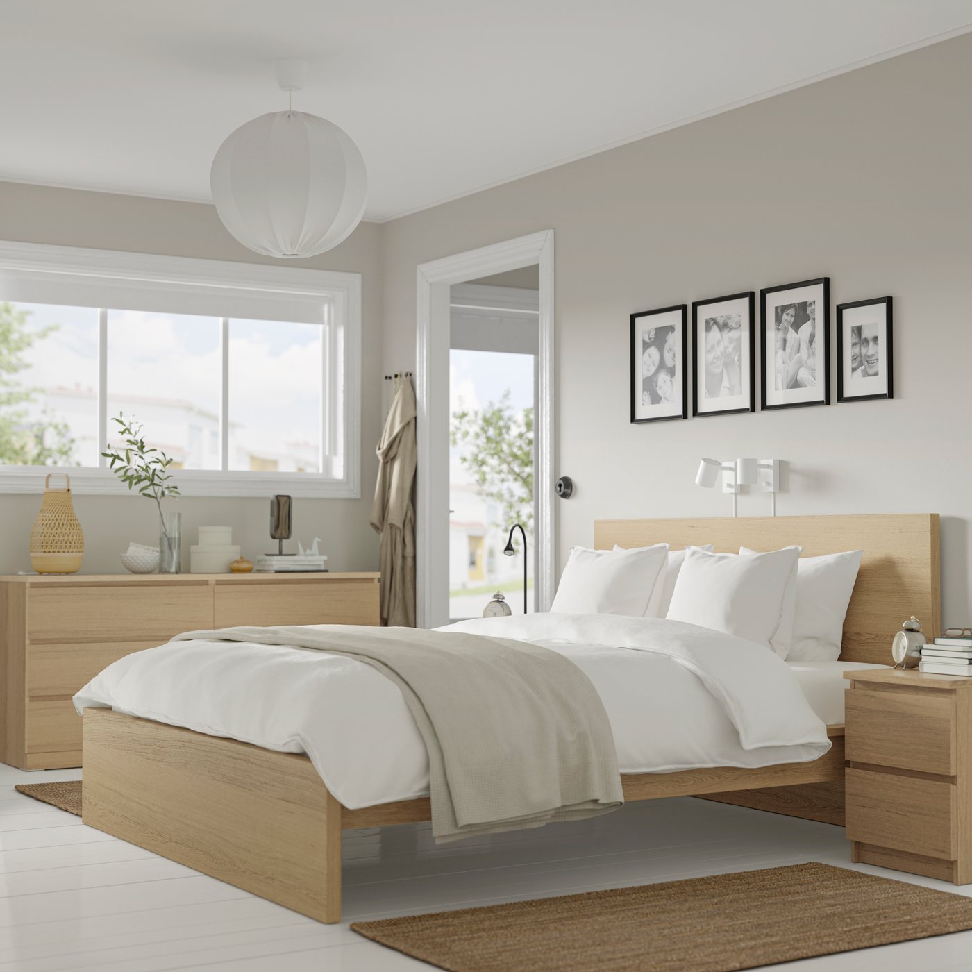 A bamboo/handmade MISTERHULT table lamp in the bedroom