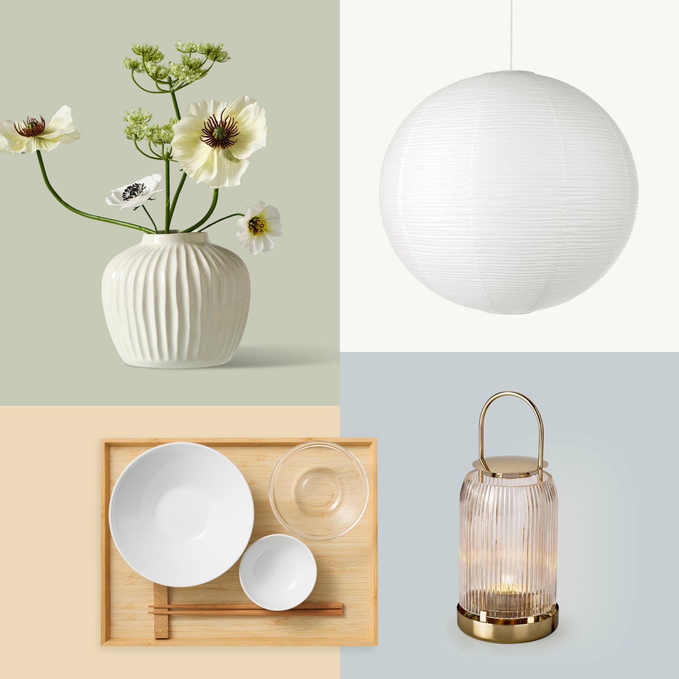 Kolaž od četiri slike na kojima su prikazani cvetovi u beloj PELARBJÖRK vazi, GULLSUDARE abažur lampe, poslužavnik od bambusa i fenjer.