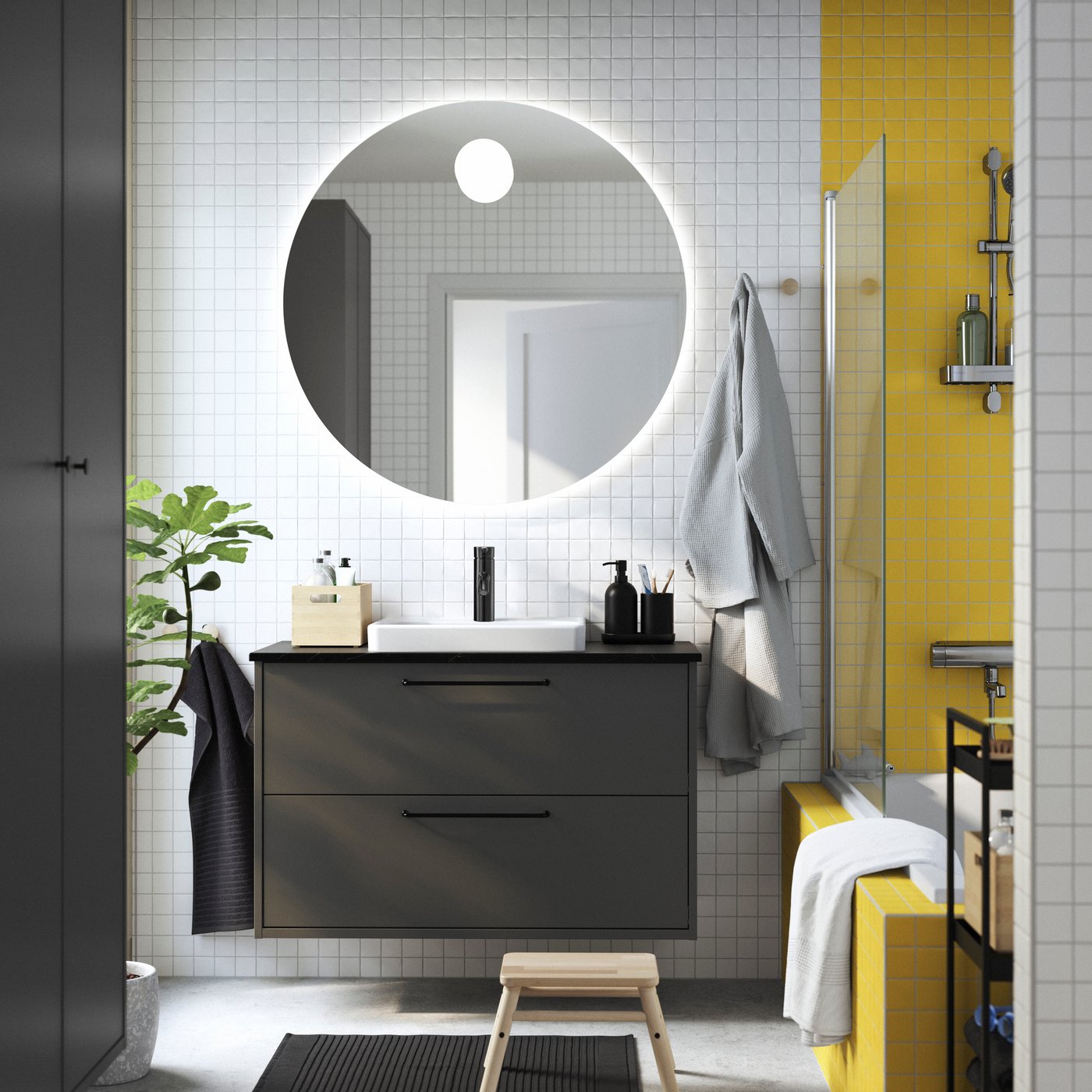 A dark grey/black marble effect HAVBÄCK wash-stnd w drawers/wash-basin/tap