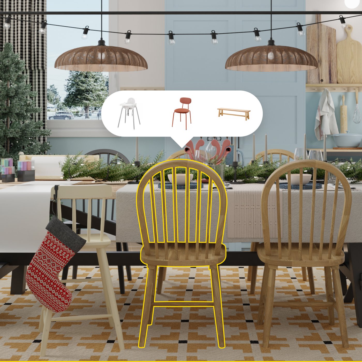 Matplats från IKEA Kreativ med träbord dekorerat med grönt och ljus, omgiven av tre trästolar varav en är markerad i gult. Ovanför den gula stolen syns en tankebubbla med bilder på en vit pall, en röd stol och en träbänk.