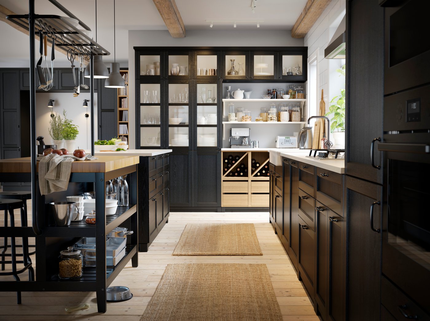 A black stained LERHYTTAN glass door in the kitchen