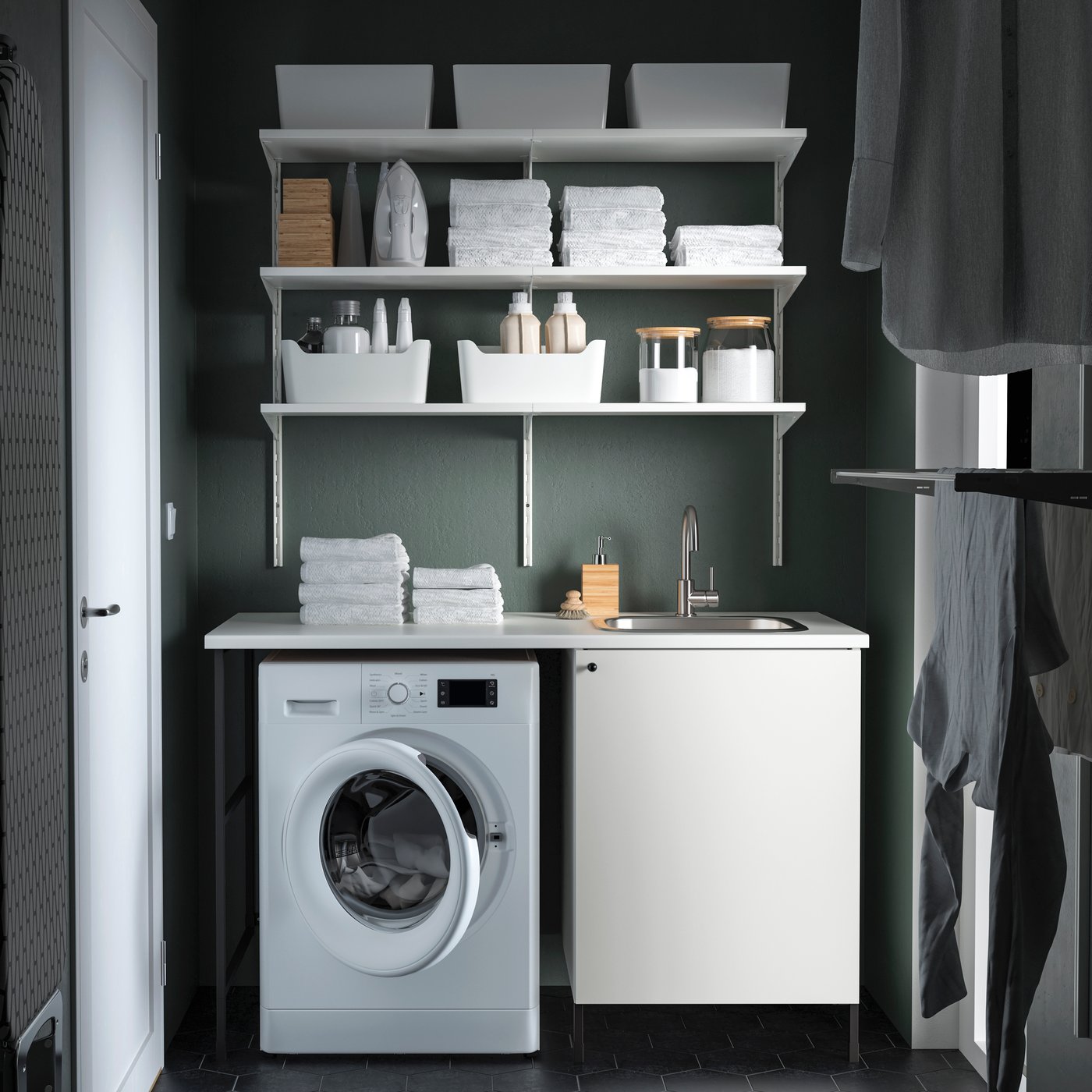 An anthracite/white ENHET storage combination in the laundry room