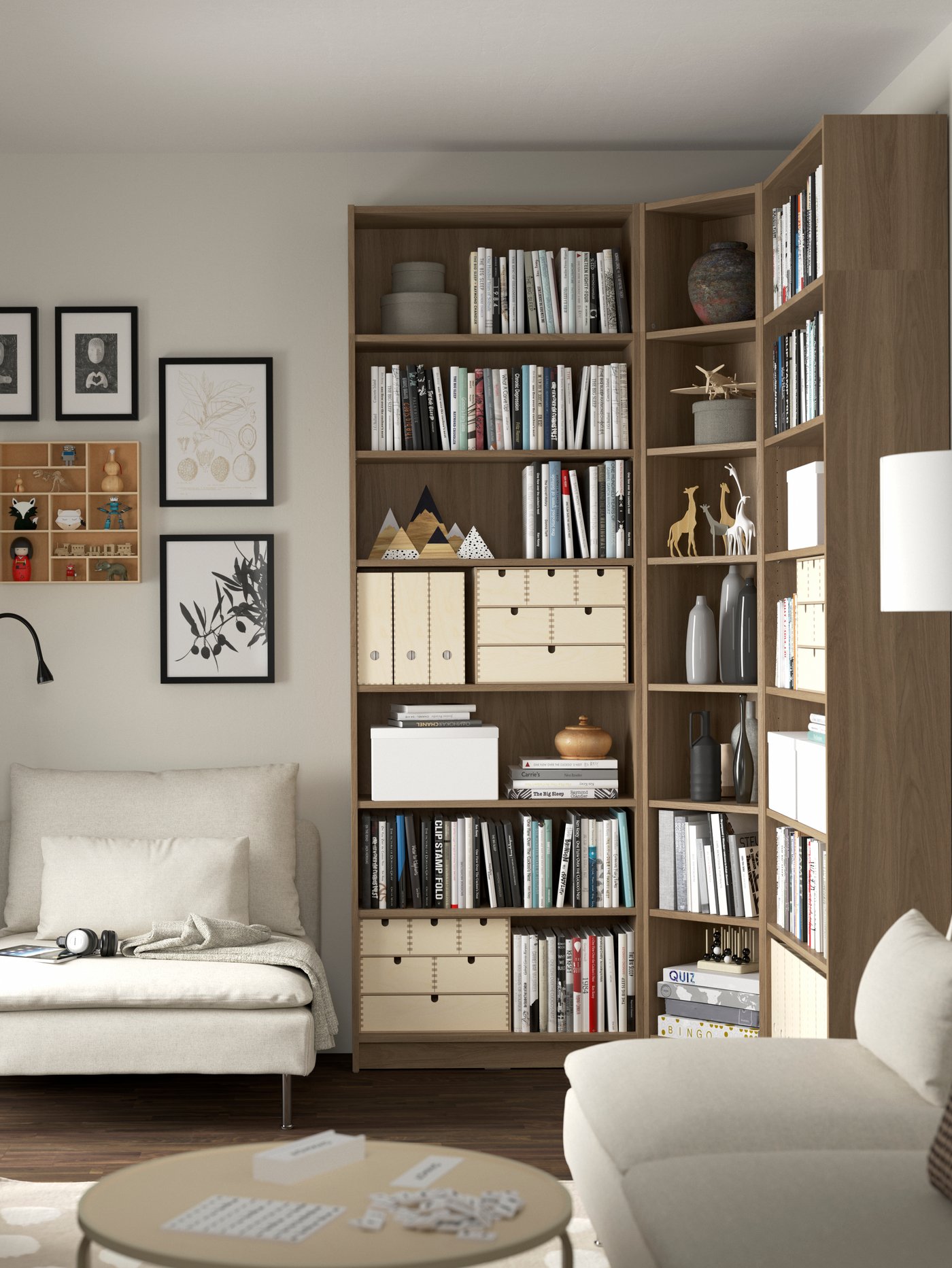 An oak effect BILLY bookcase in the living room