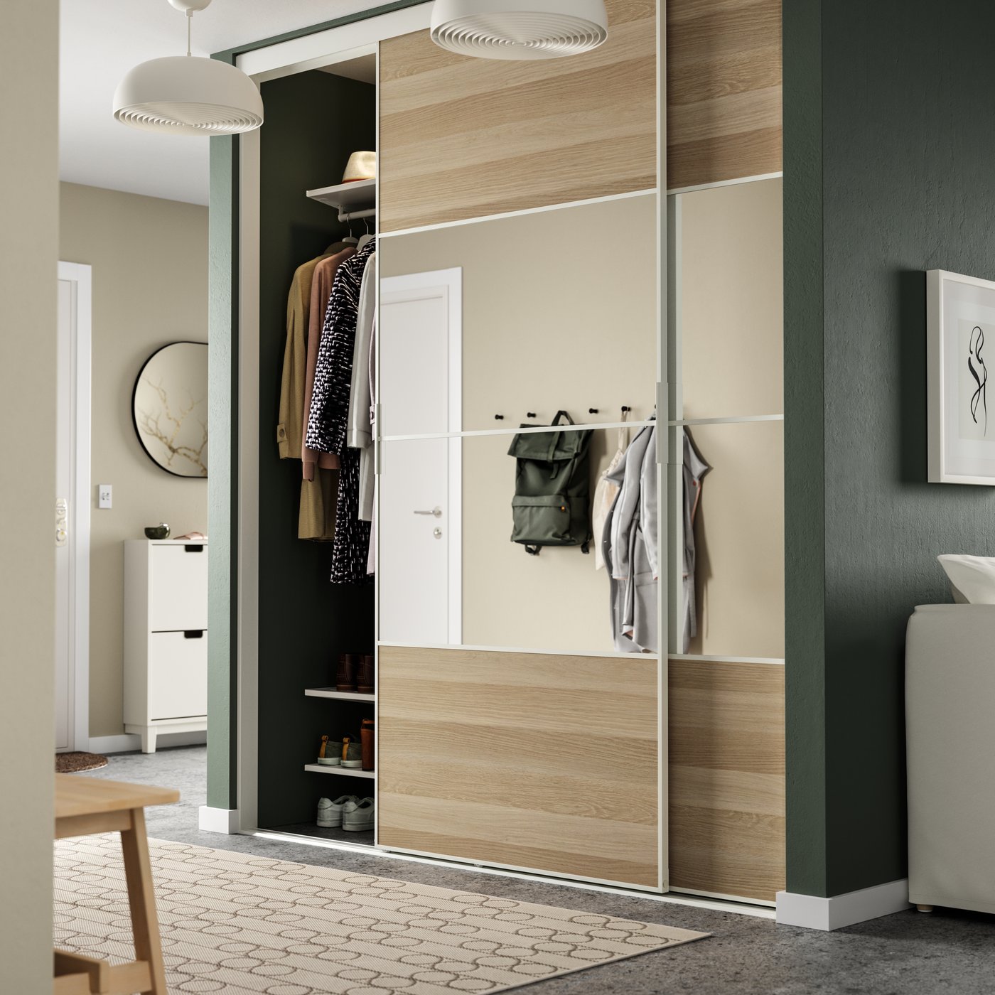 A white/white stained oak effect mirror glass MEHAMN/AULI sliding door combination.