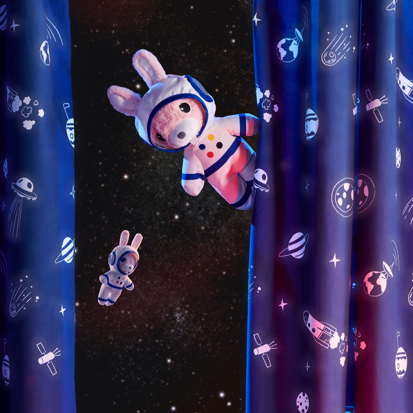 A space blue/white AFTONSPARV curtains with tie-backs, 1 pair