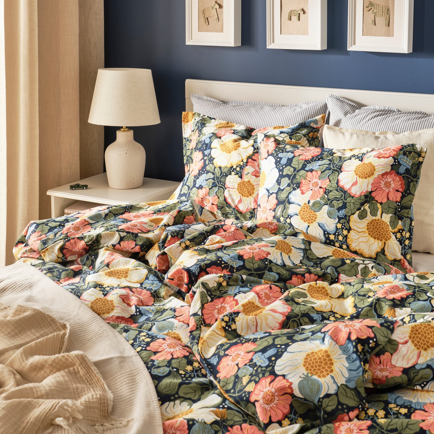 duvet cover and pillowcase 60 cm dark blue/floral pattern
