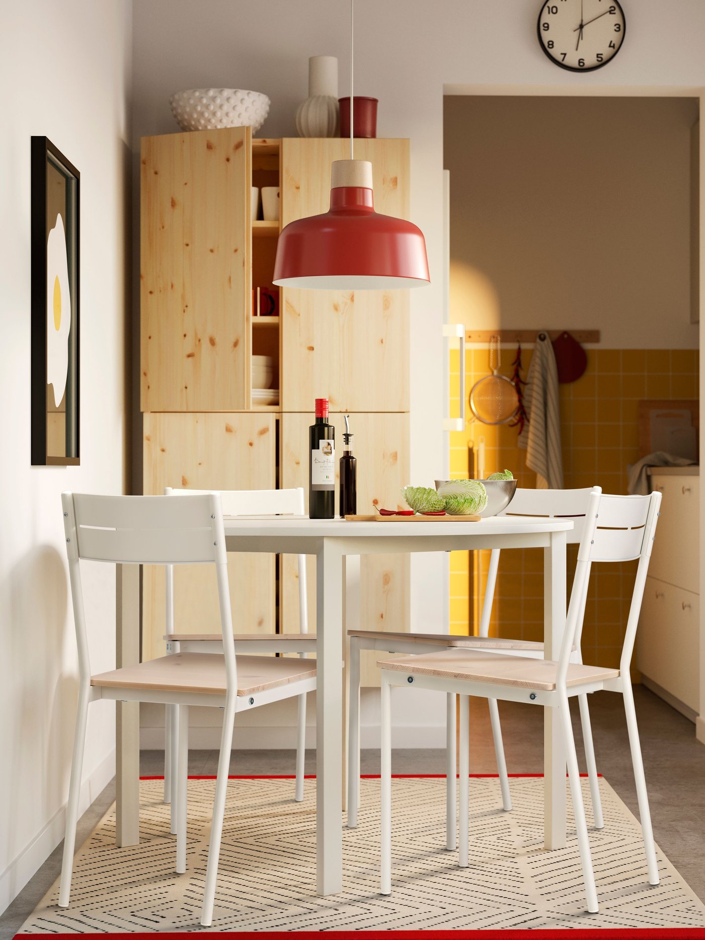 A white/white VIHALS table in the dining room