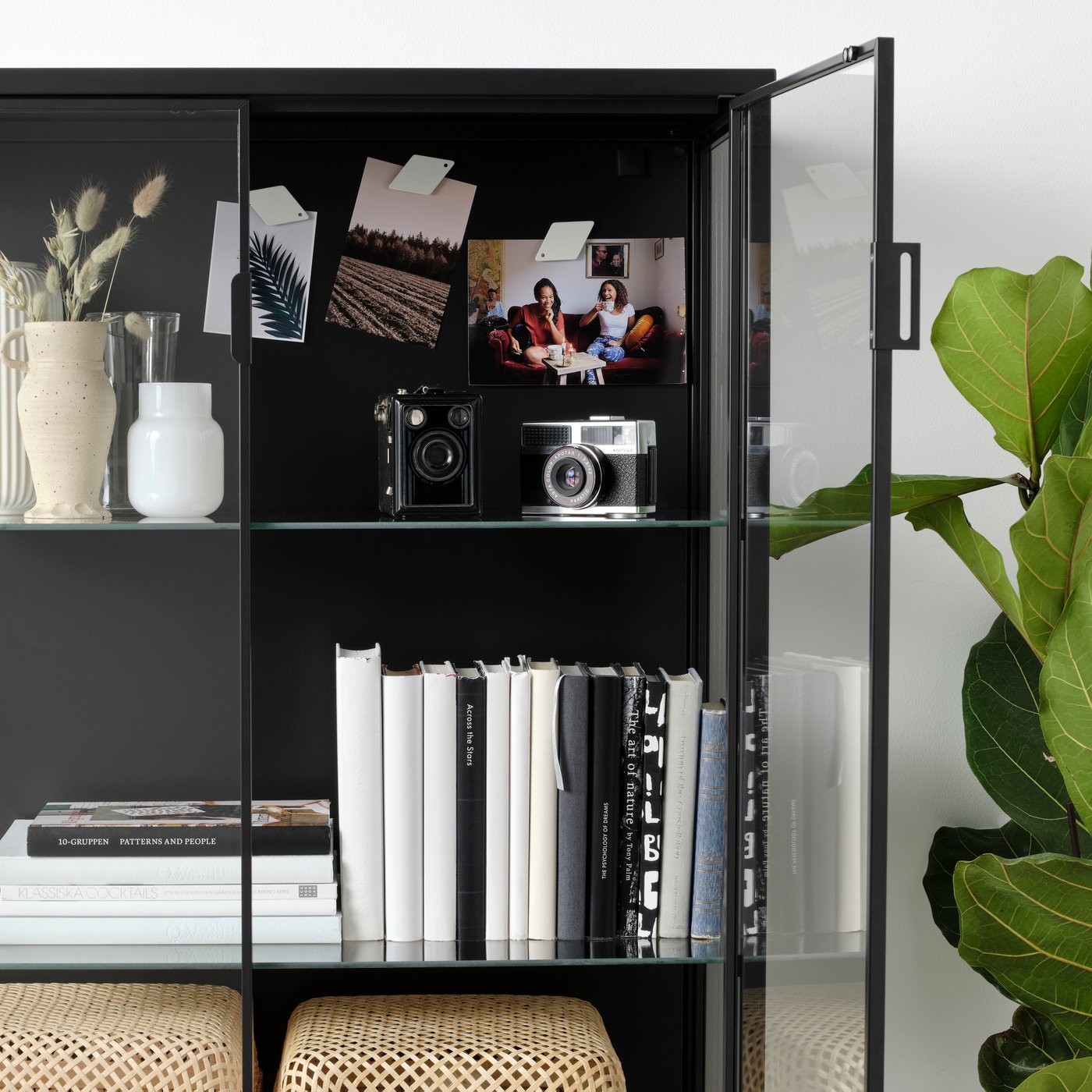 Schwarze IKEA Vitrine mit Büchern, Vintage-Kameras und Fotos – persönliche Aufbewahrung stilvoll präsentiert