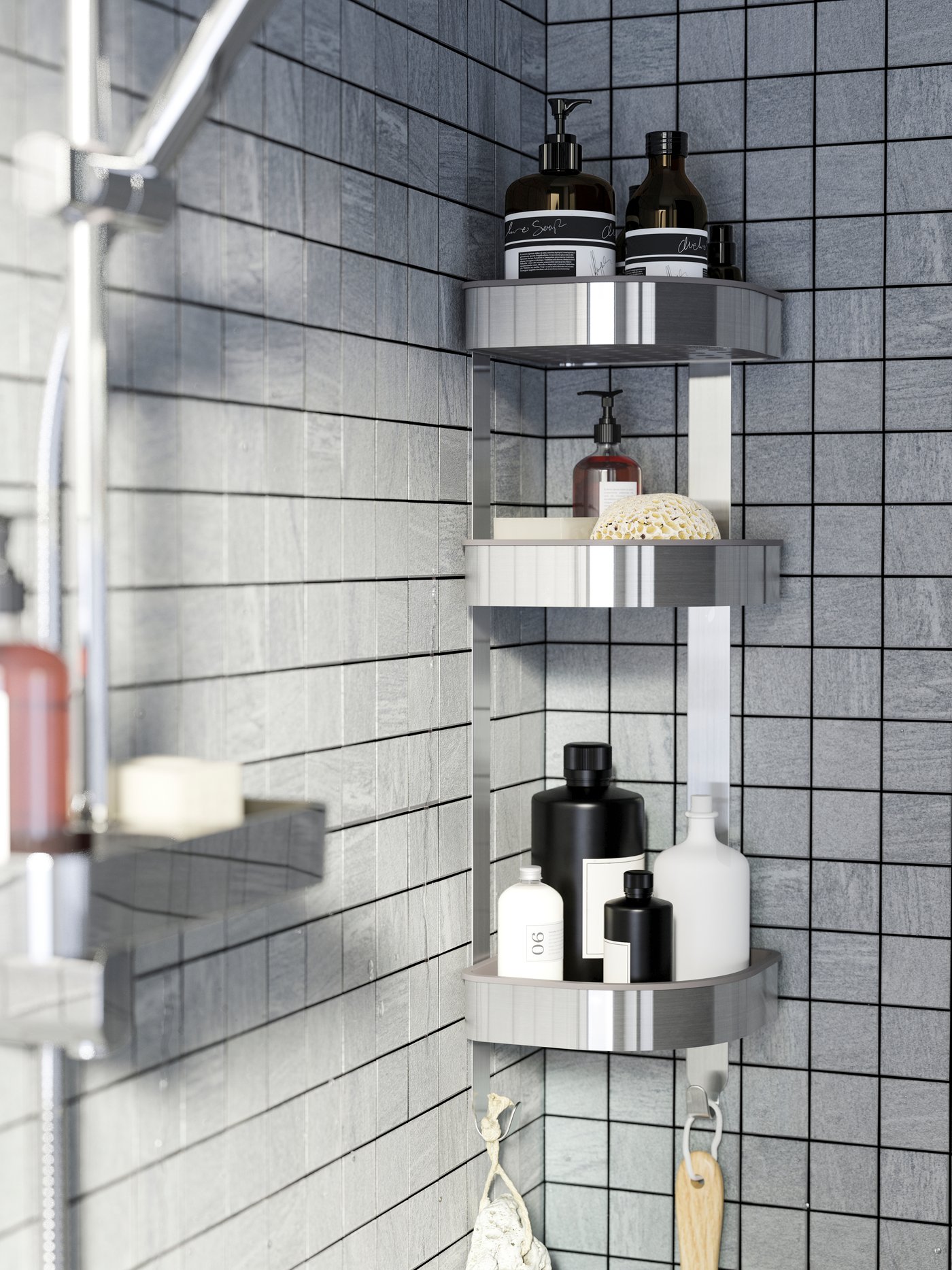 A stainless steel BROGRUND corner wall shelf unit in the bathroom