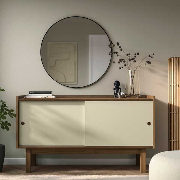 A dark beige wood/light beige FÖRSÄLJARE sideboard