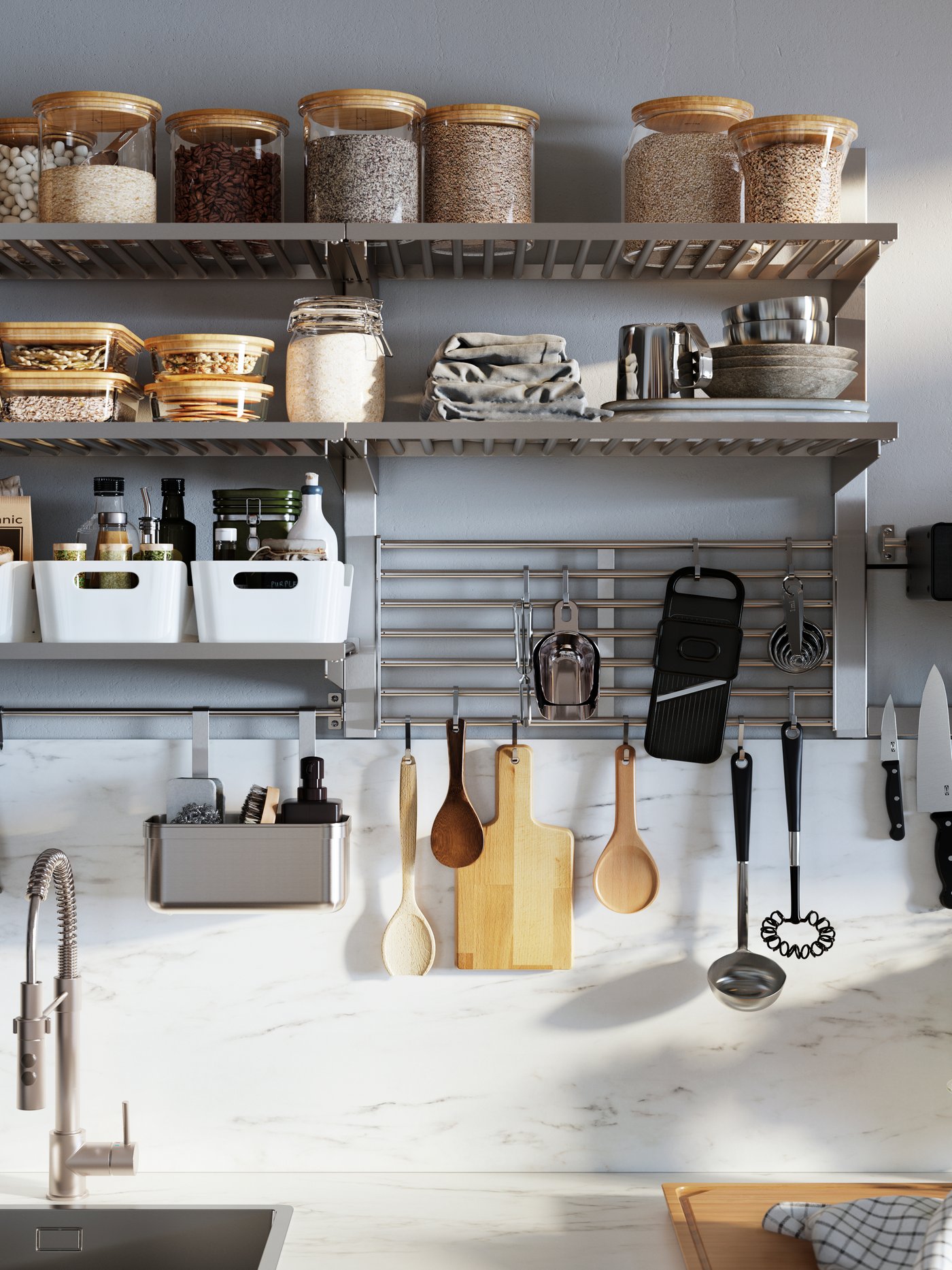 An organized wall with kitchen accessories