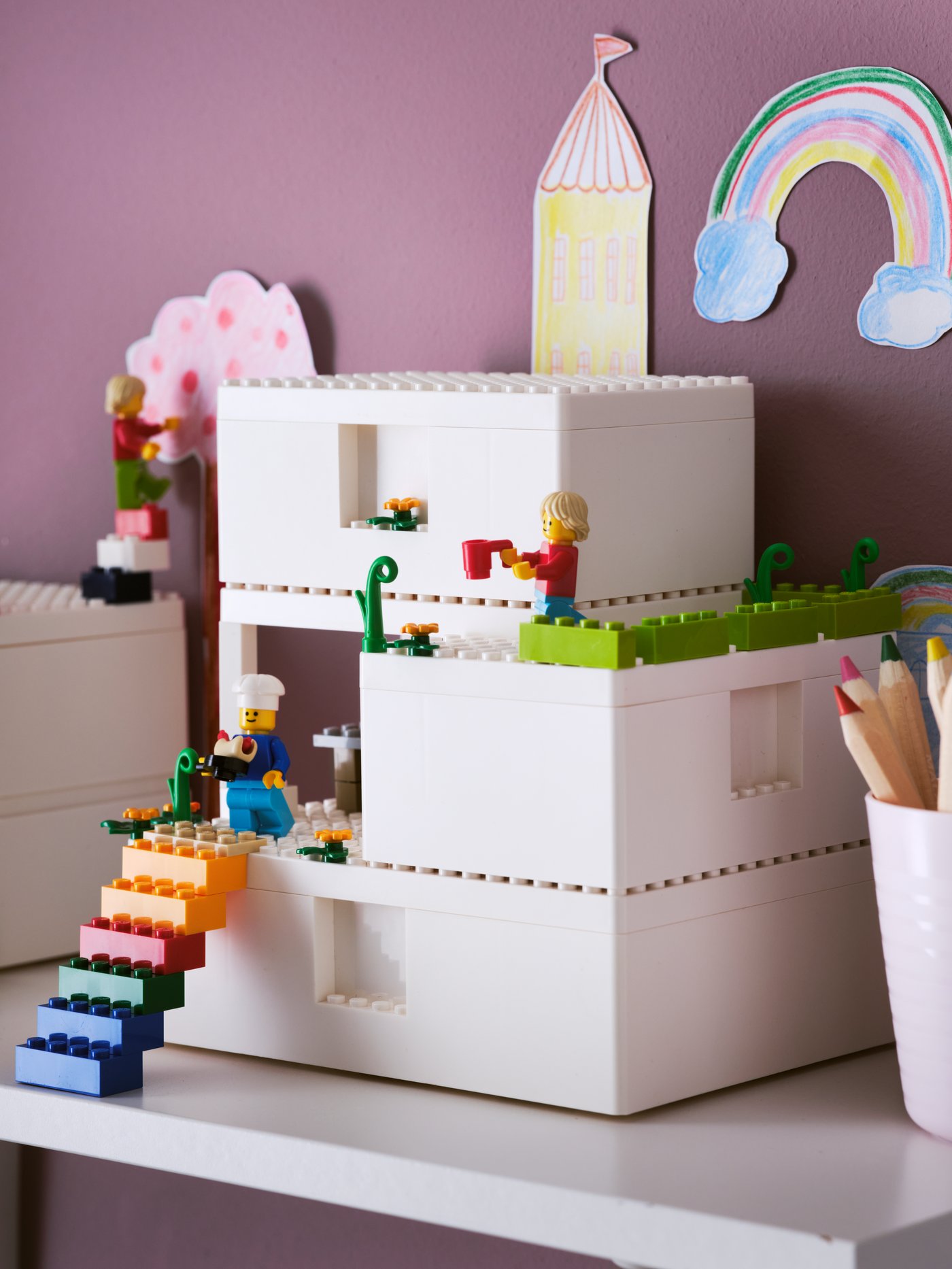 A mixed colours BYGGLEK 201-piece LEGO® brick set in the childrens room.