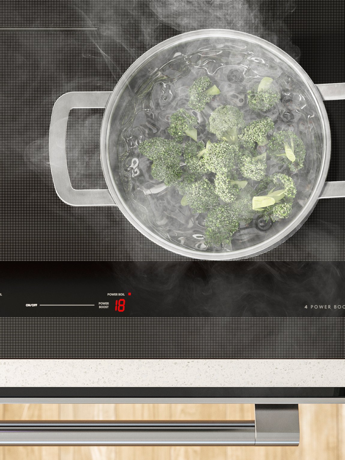 A stain-less steel pot boiling broccoli on a black SÄRDRAG induction cooktop.