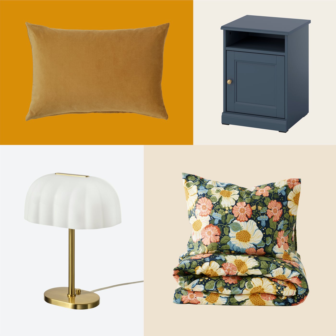 A grid of 4 images showing SANELA cushion, blue FÅGELFJÄLLET bedside table, AKTERSPRING table lamp and ARENBOK bedding.