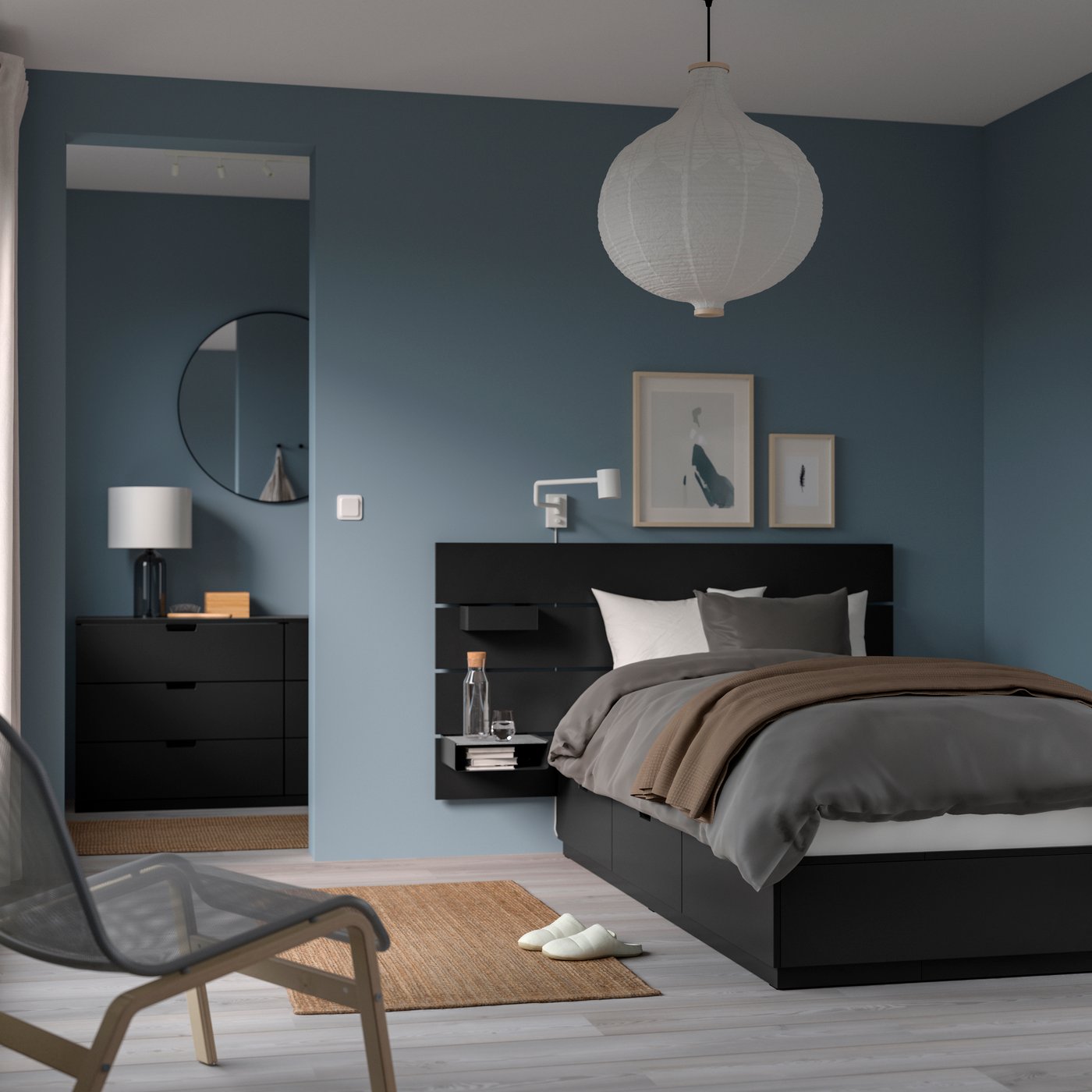 An anthracite NORDLI bed frame w storage and headboard