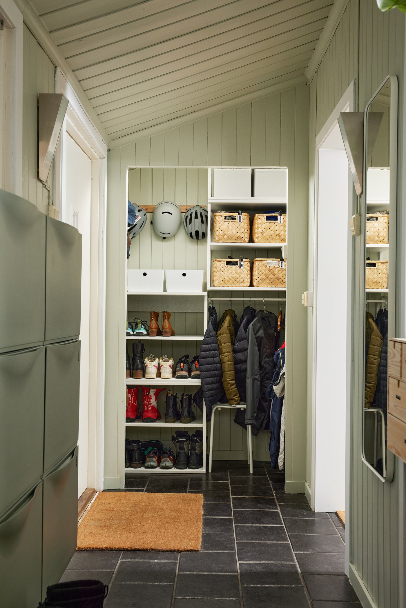 A hallway setting with various storage solutions.