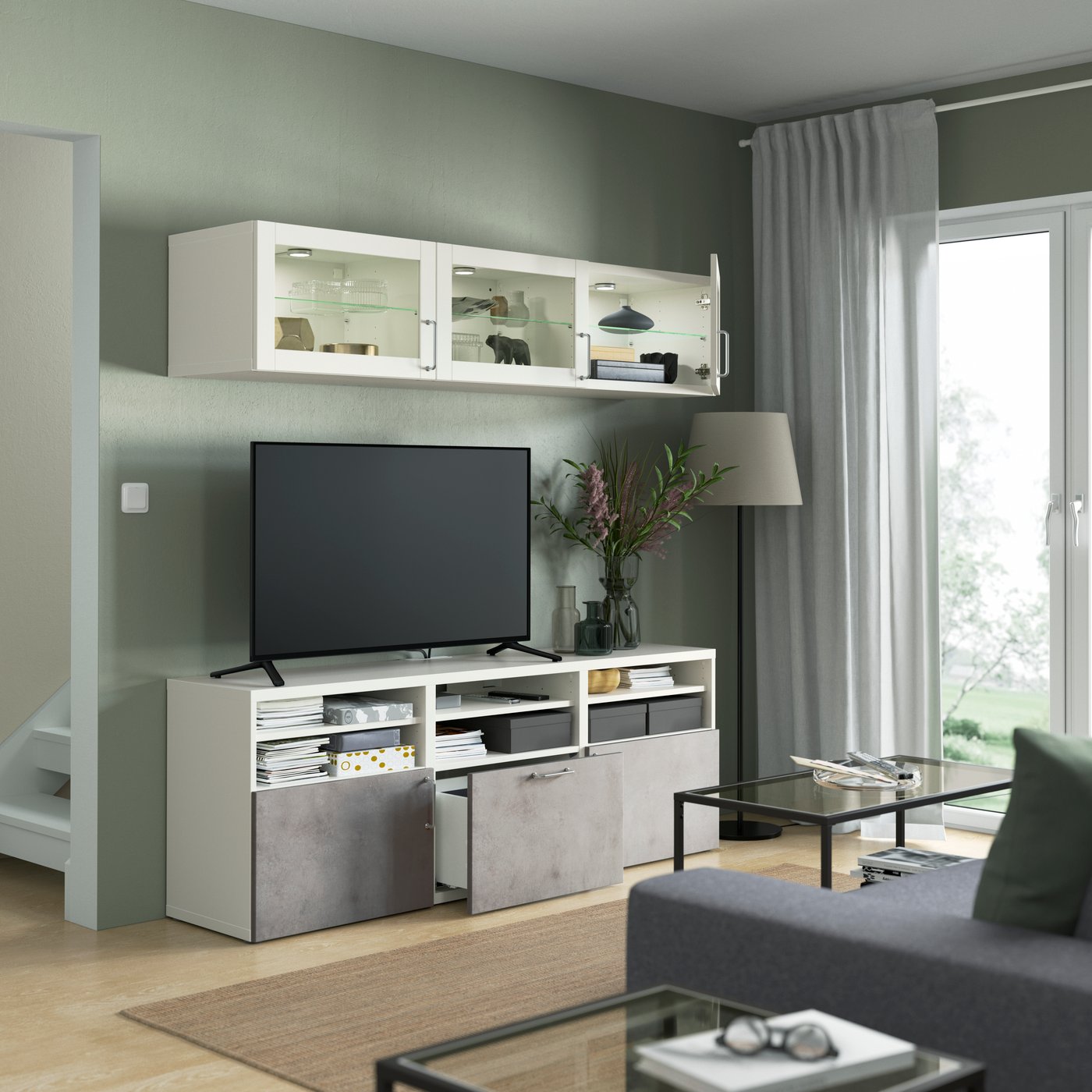 A white Sindvik/Kallviken light grey BESTÅ TV storage combination/glass doors