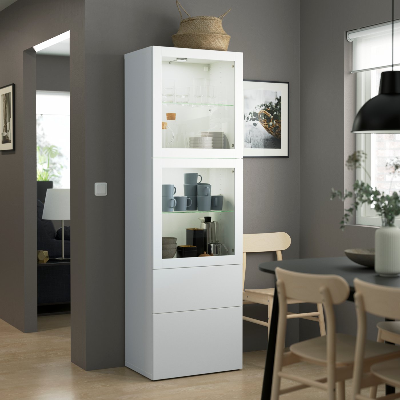 A white/Lappviken white clear glass BESTÅ storage combination w glass doors