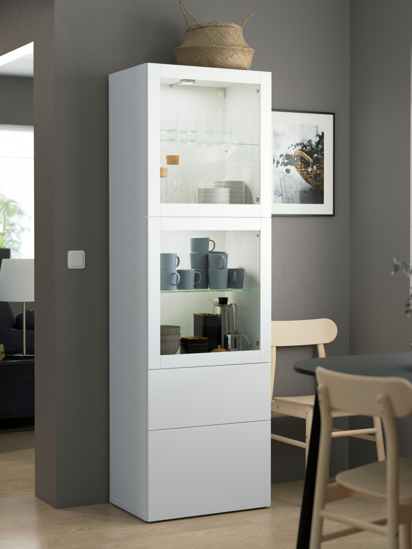 A white/Lappviken white clear glass BESTÅ storage combination w glass doors in the dining room
