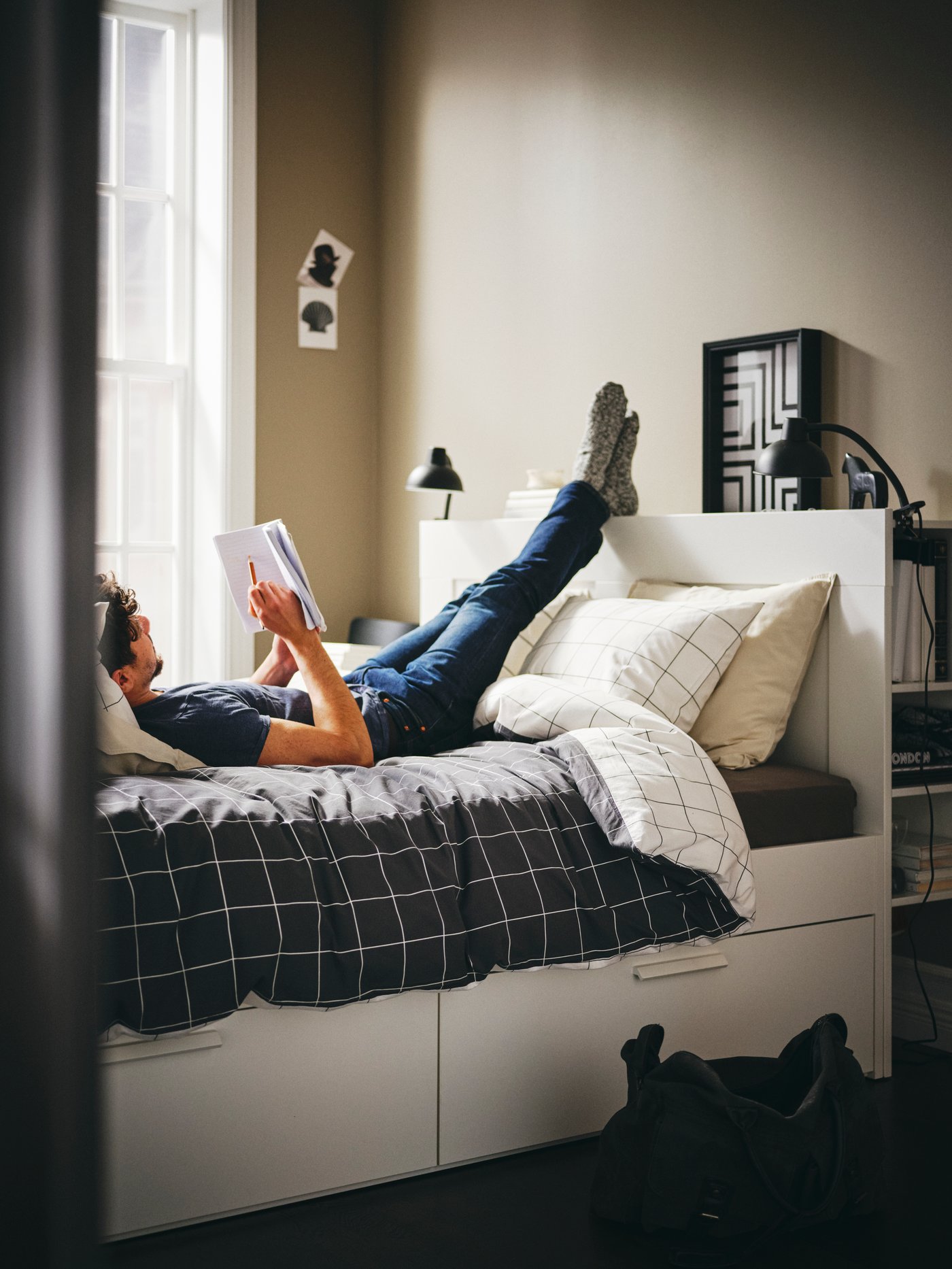 A white/Luröy BRIMNES bed frame w storage and headboard