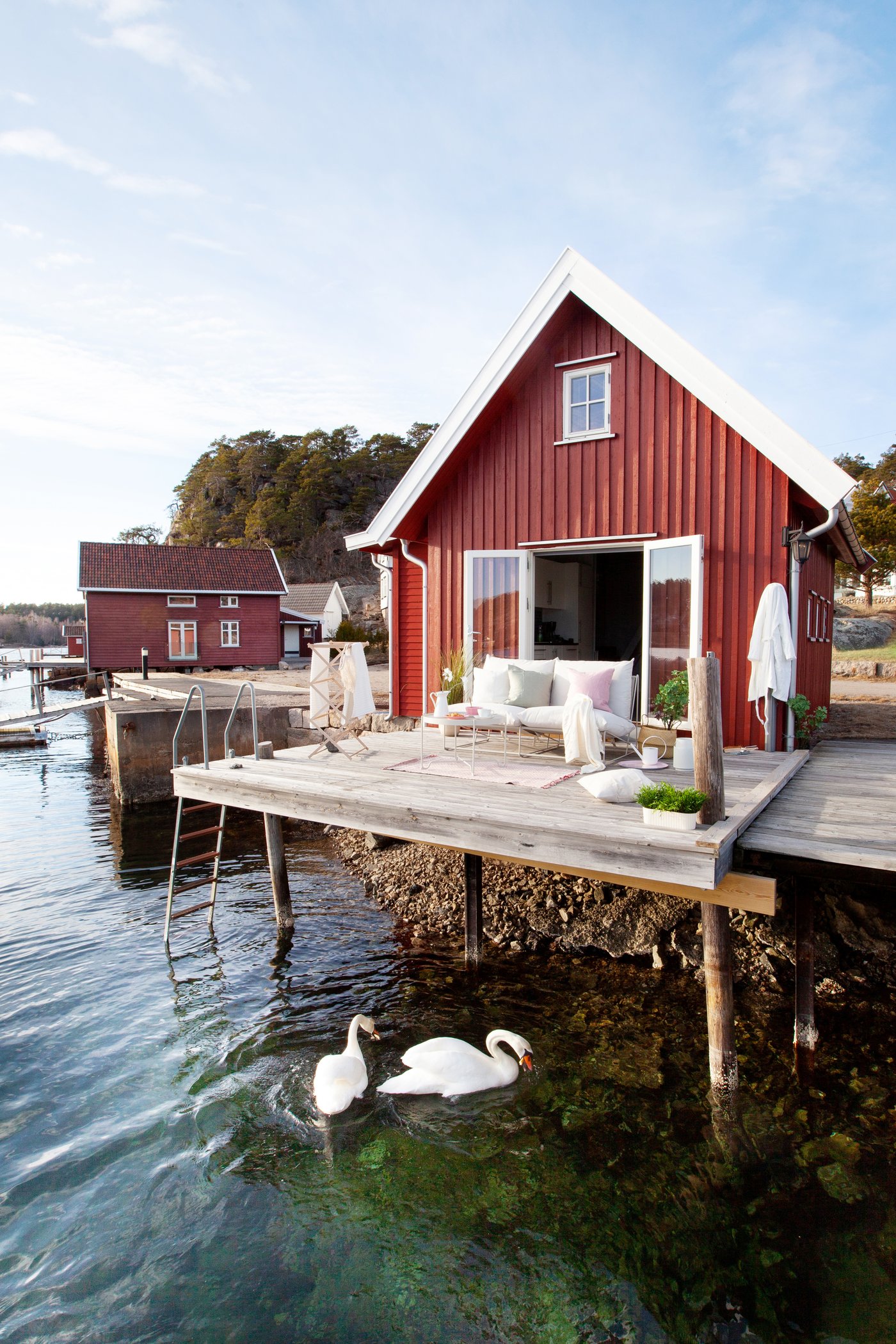 En solig uteplats vid en röd stuga som ligger i en hamn. I vattnet syns två svanar.