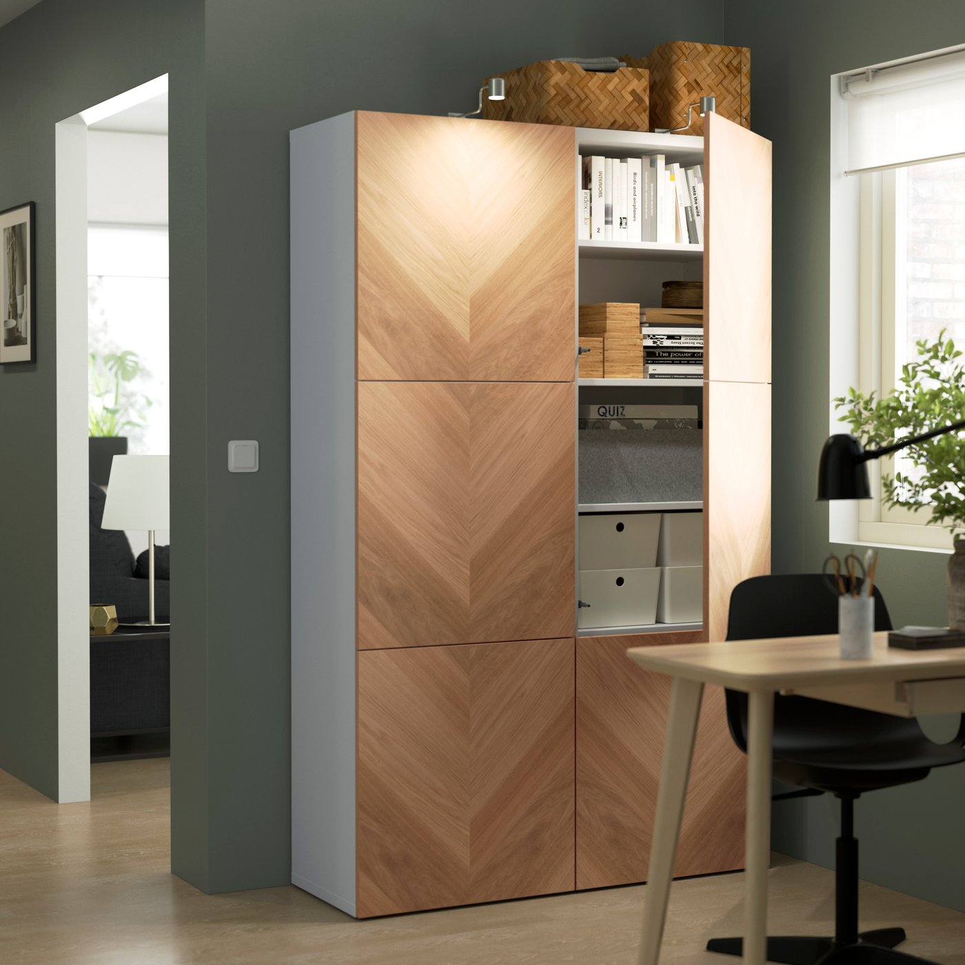 A white/Hedeviken oak veneer BESTÅ storage combination with doors