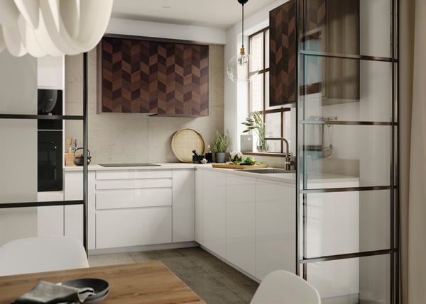 A high-gloss white VOXTORP door in the kitchen