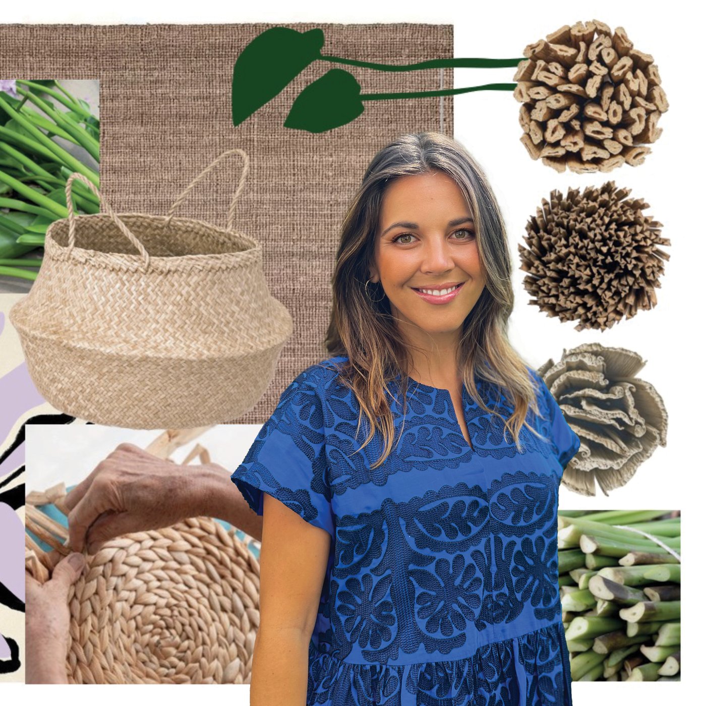 A collage with a portrait of Sara and images of natural materials and IKEA products.