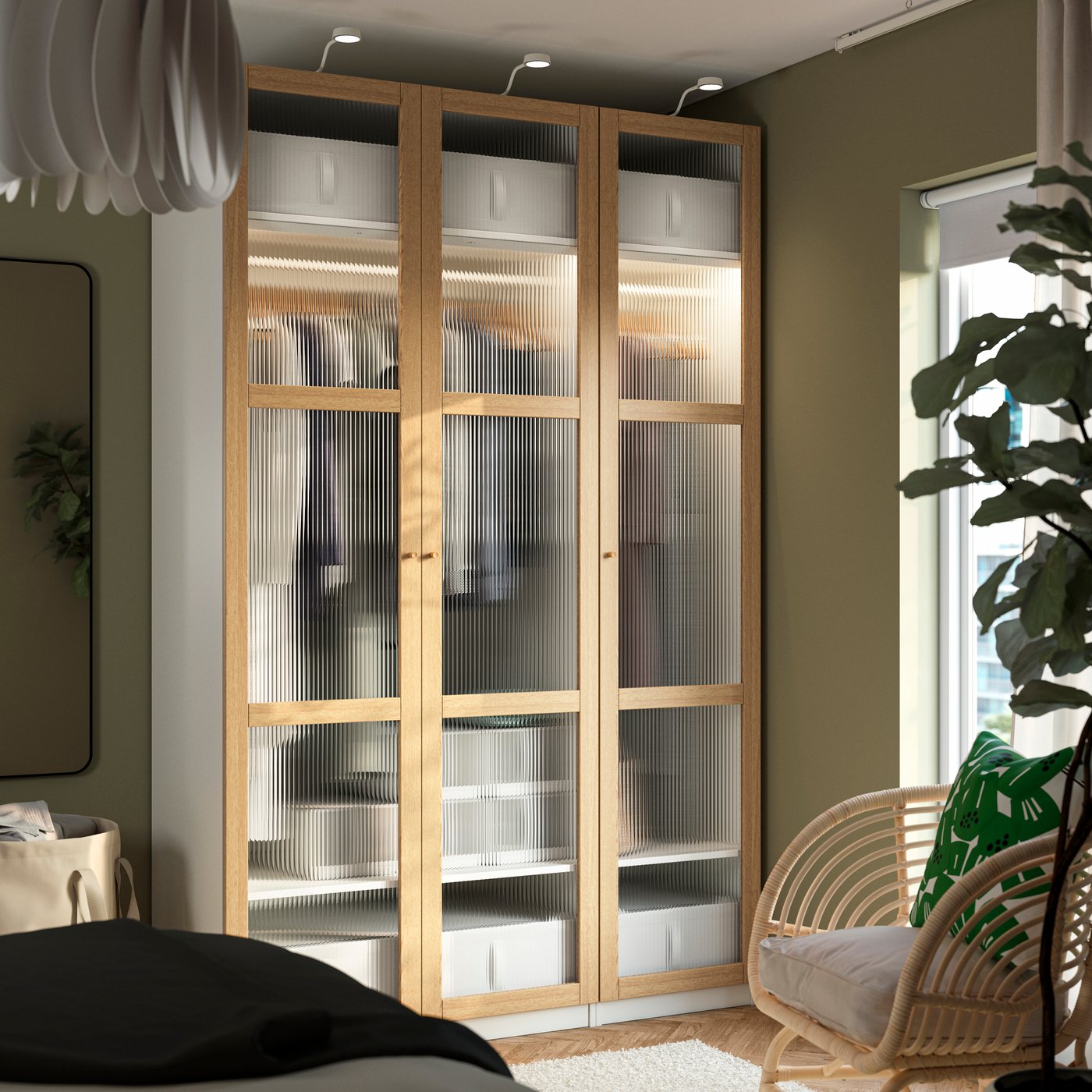 A white/oak veneer glass PAX wardrobe combination