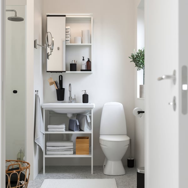 A white HEMNES open vanity with one drawer has a VÄSTERSÖN countertop sink and a white HEMNES mirror cabinet.