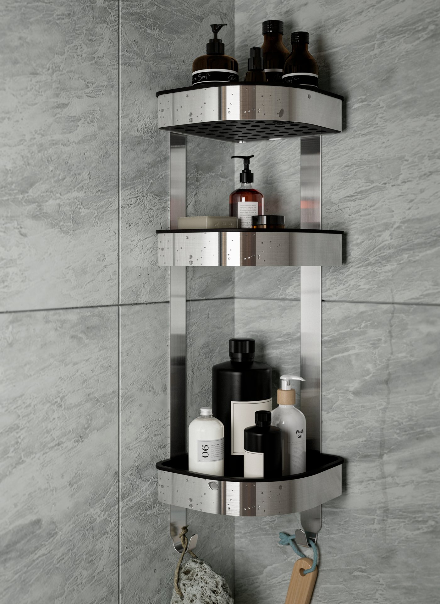 A BROGRUND corner wall shelf unit of stainless steel, with bathroom products on it, is mounted in a corner with grey tiles.