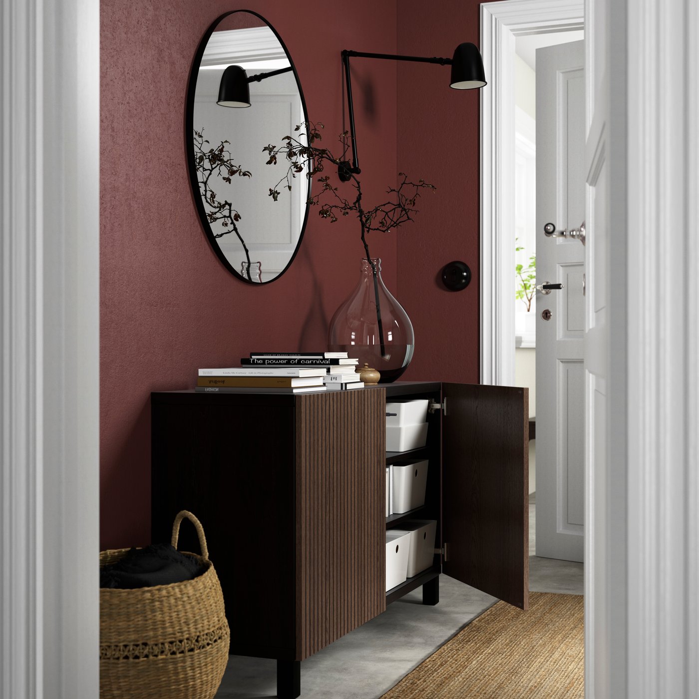 A black-brown Björköviken/Stubbarp/brown stained oak veneer BESTÅ storage combination with doors