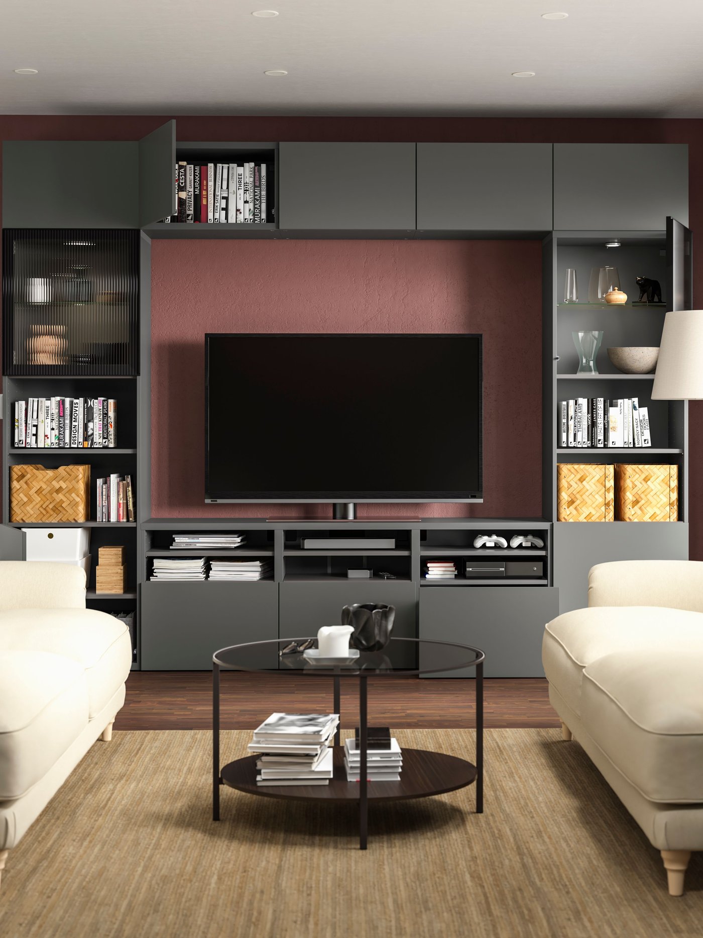 A dark grey Lappviken/Fällsvik anthracite BESTÅ TV storage combination/glass doors