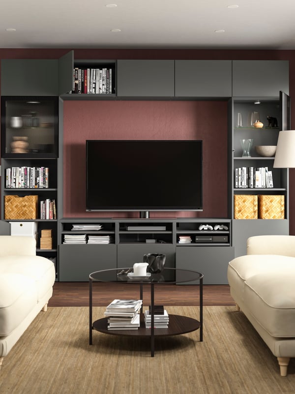 A dark grey Lappviken/Fällsvik anthracite BESTÅ TV storage combination/glass doors