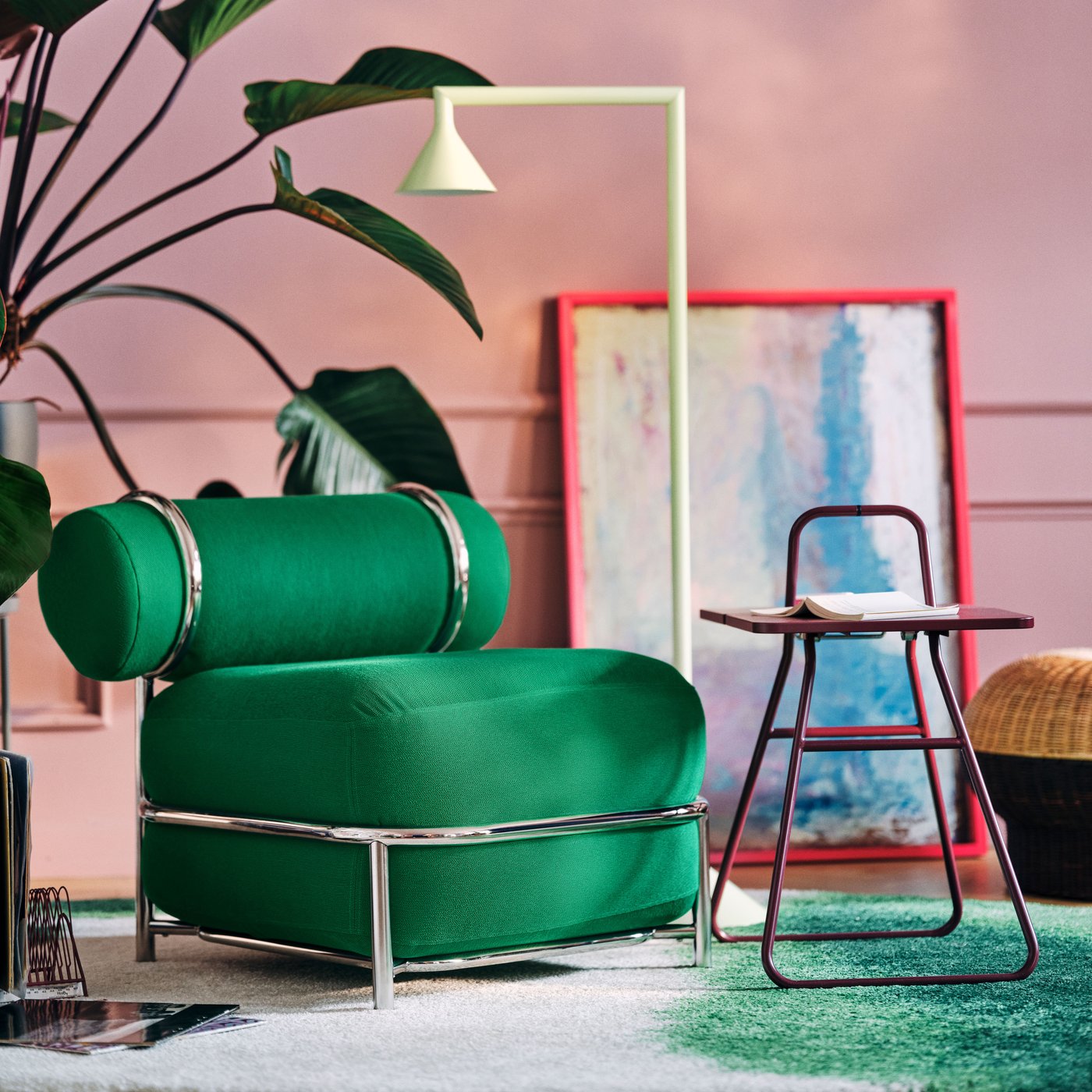 A with inflatable seat/back cushion/Knäbäck bright green IKEA PS 2026 easy chair in the living room