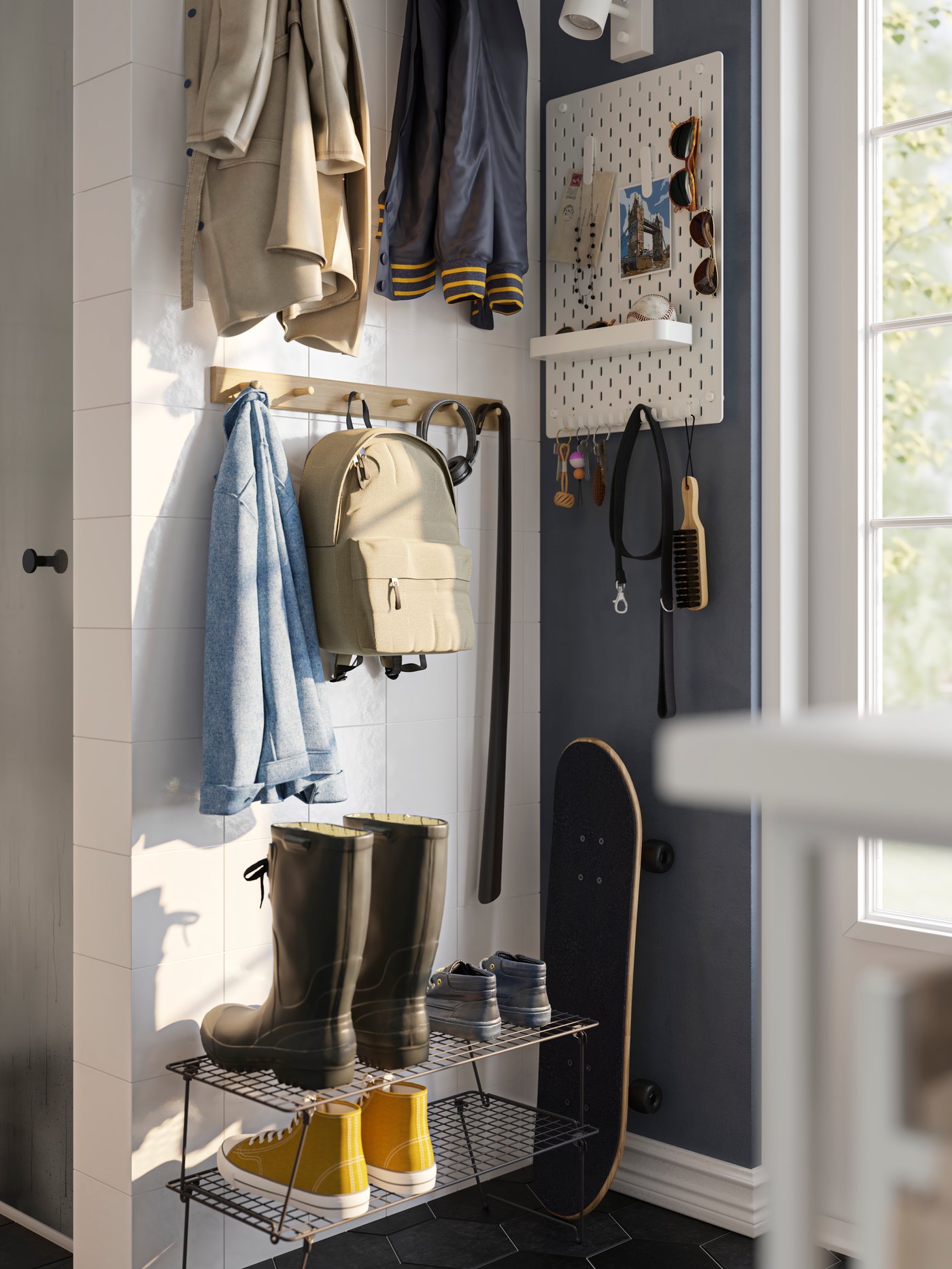 A shoe rack with boots on it and a backpack hanging above