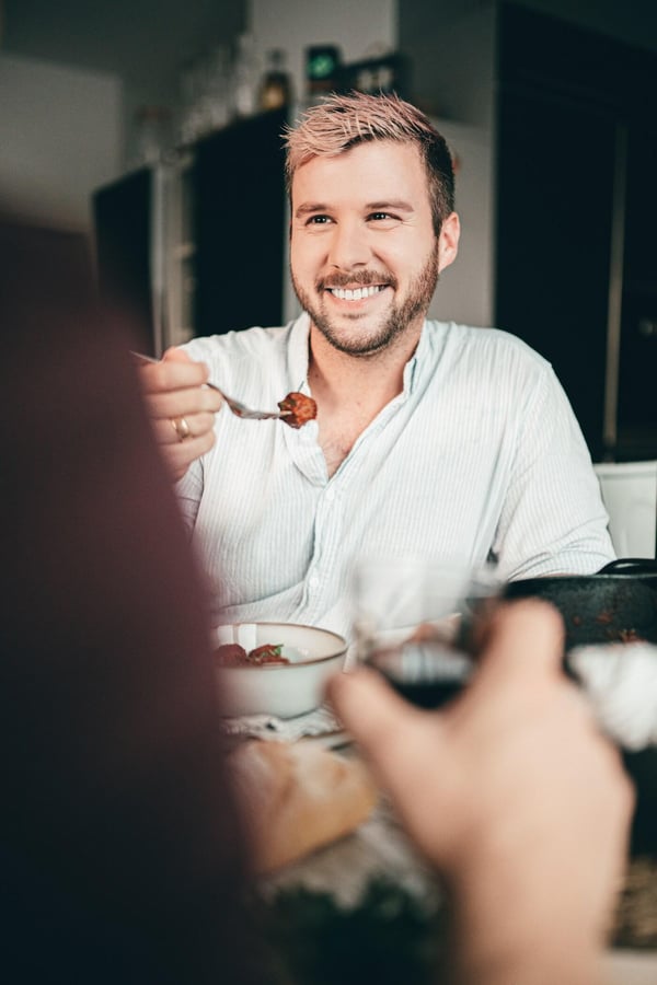 Vegetarian albóndigas made with plant-based Swedish meatballs in a bowl