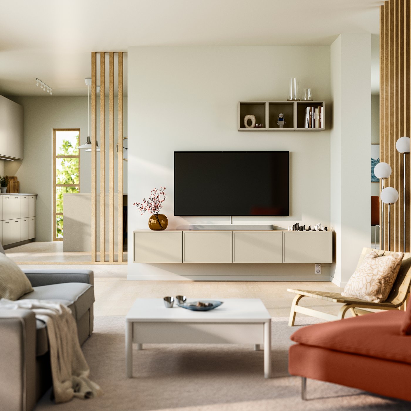 BESTA storage combination with beige KRUKMAKARE doors/drawers.
